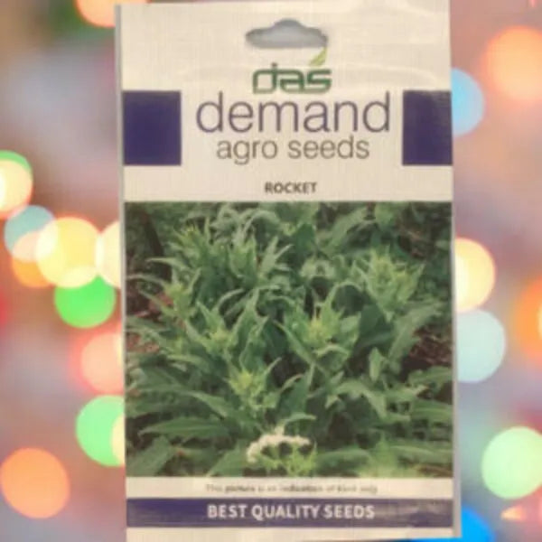 This is an image of a packet of Demand Agro Rocket Seeds kept against a colorful background.