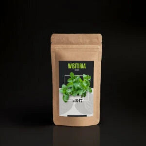 A packet of Wisitiria Mint Seeds kept against a dark background.