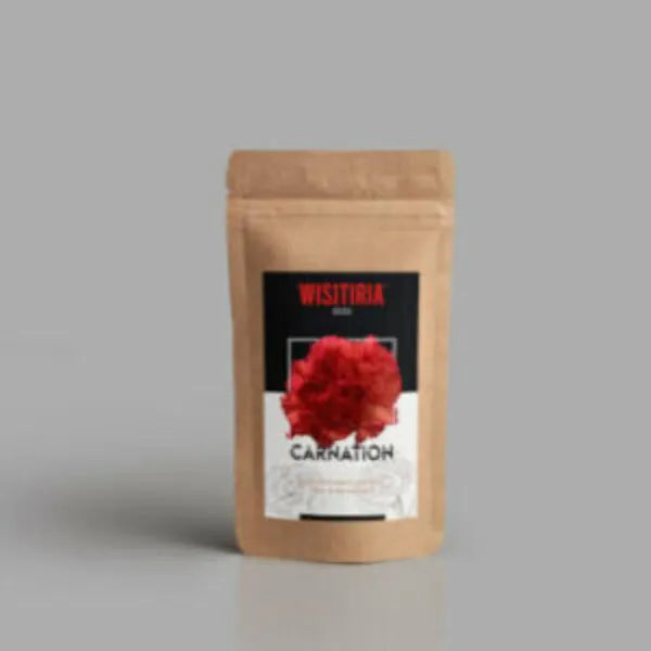 This is an image of a packet of Wisitiria Seeds Carnation kept against grey color background.