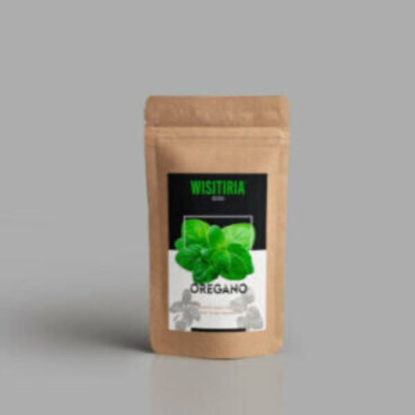 This is an image of a packet of Wisitiria Oregano Seeds kept against grey color background.