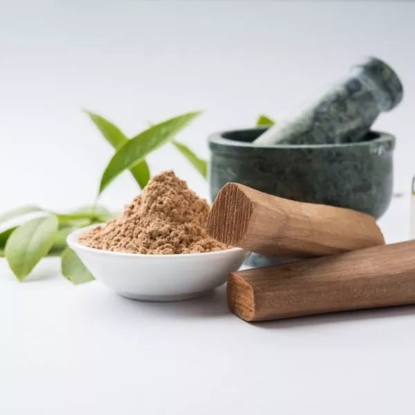 This is an image of two Red Sandal Wood along with Mortar and Pestle and also powder of red sandal wood kept in a white color bowl kept against white color background.