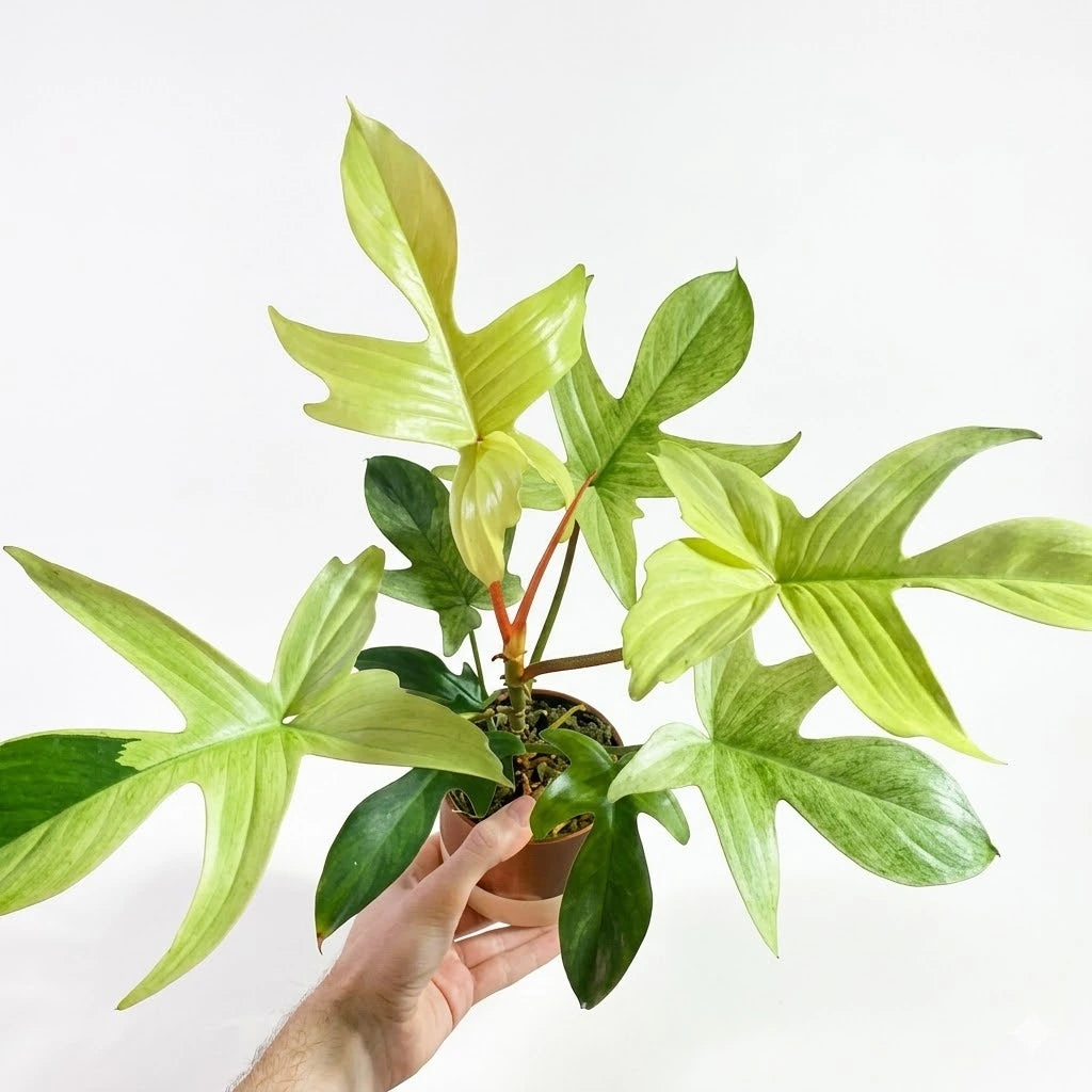 Hand holding a small Philodendron Florida Ghost with its signature multi-lobed leaves, showing a transition from pale mint to vibrant green.
