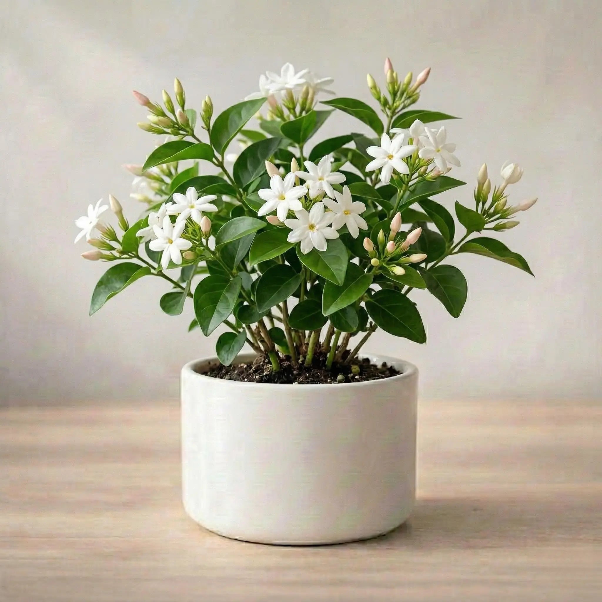 Potted plant on a wooden surface with a neutral background