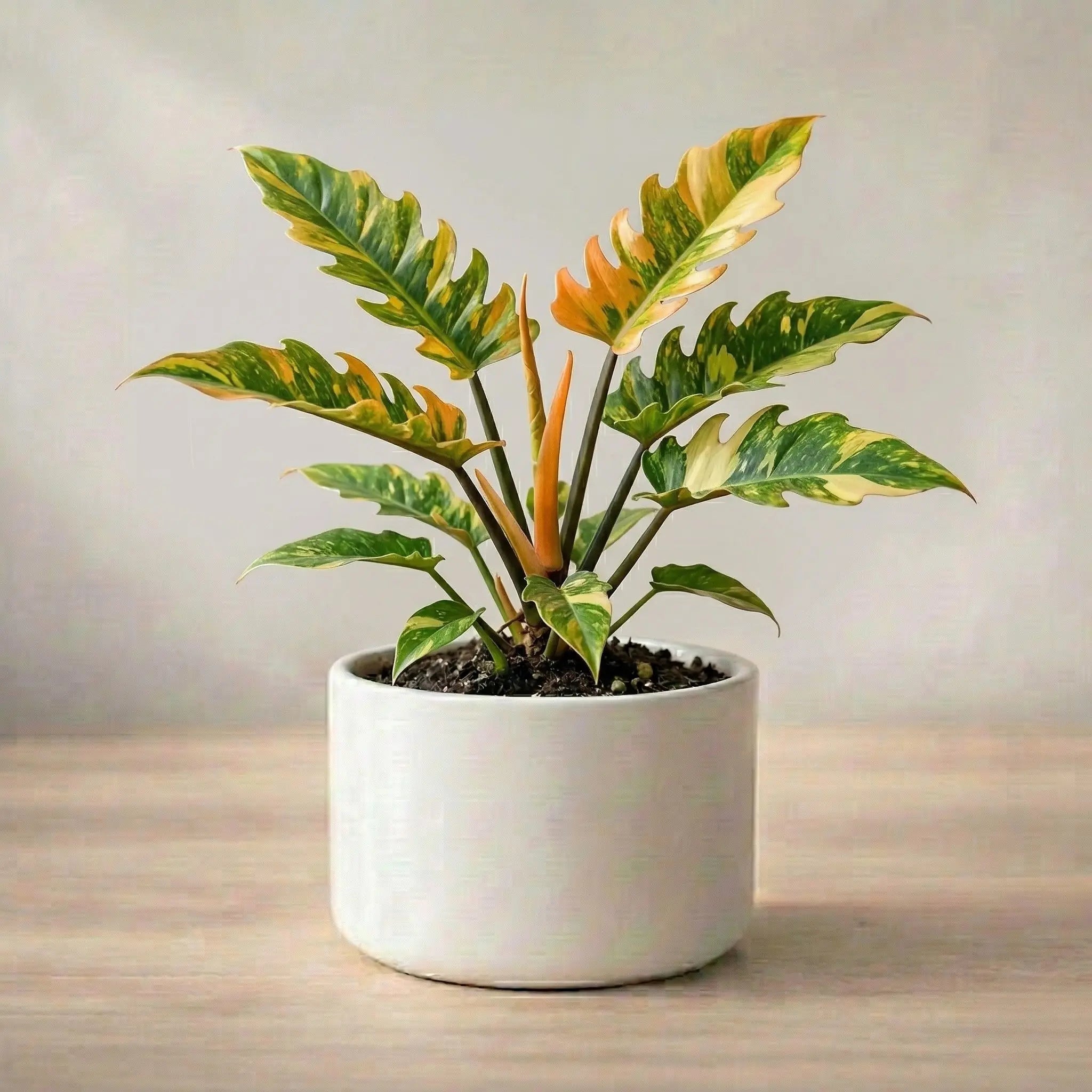 Potted plant on a wooden surface with a neutral background
