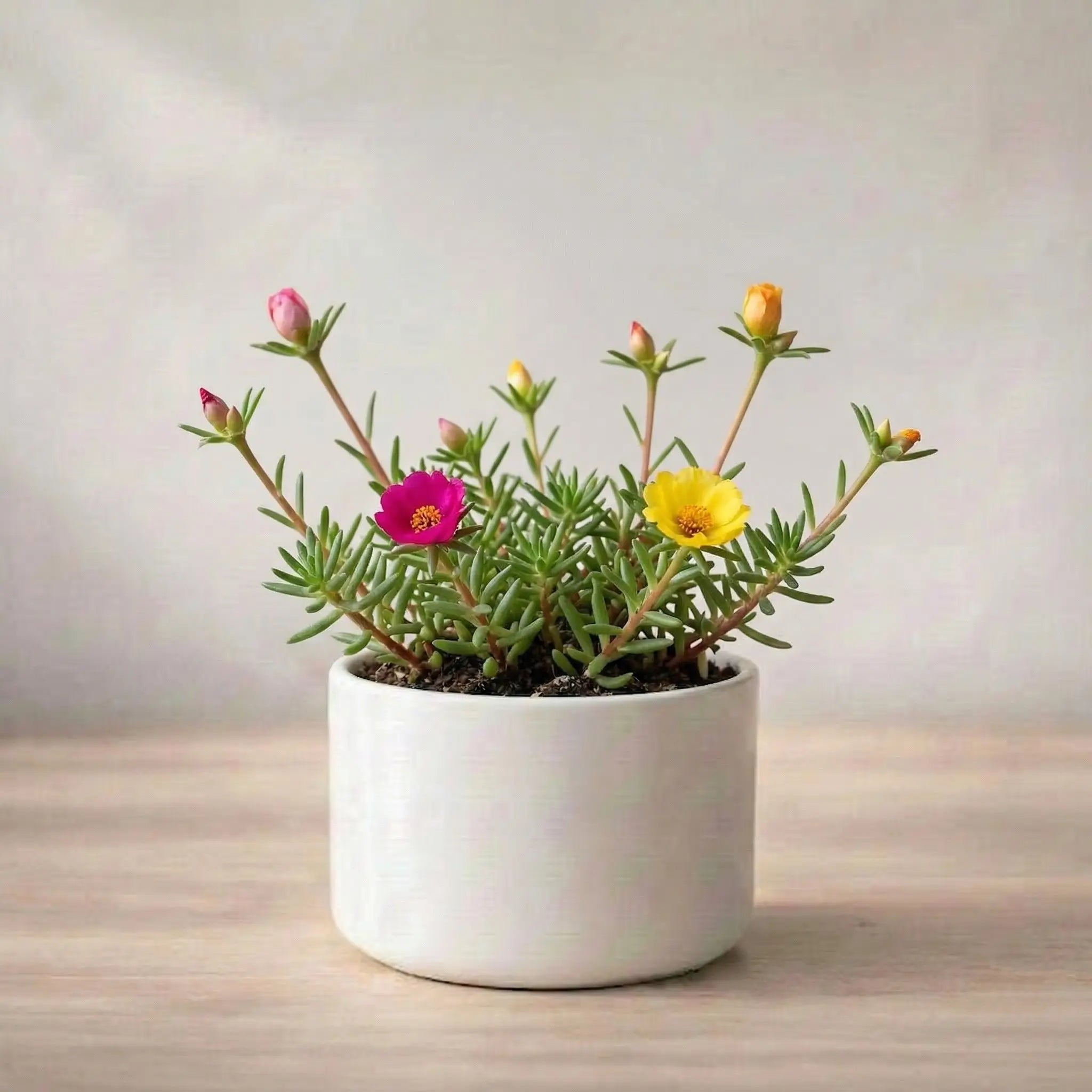 Potted plant on a wooden surface with a neutral background