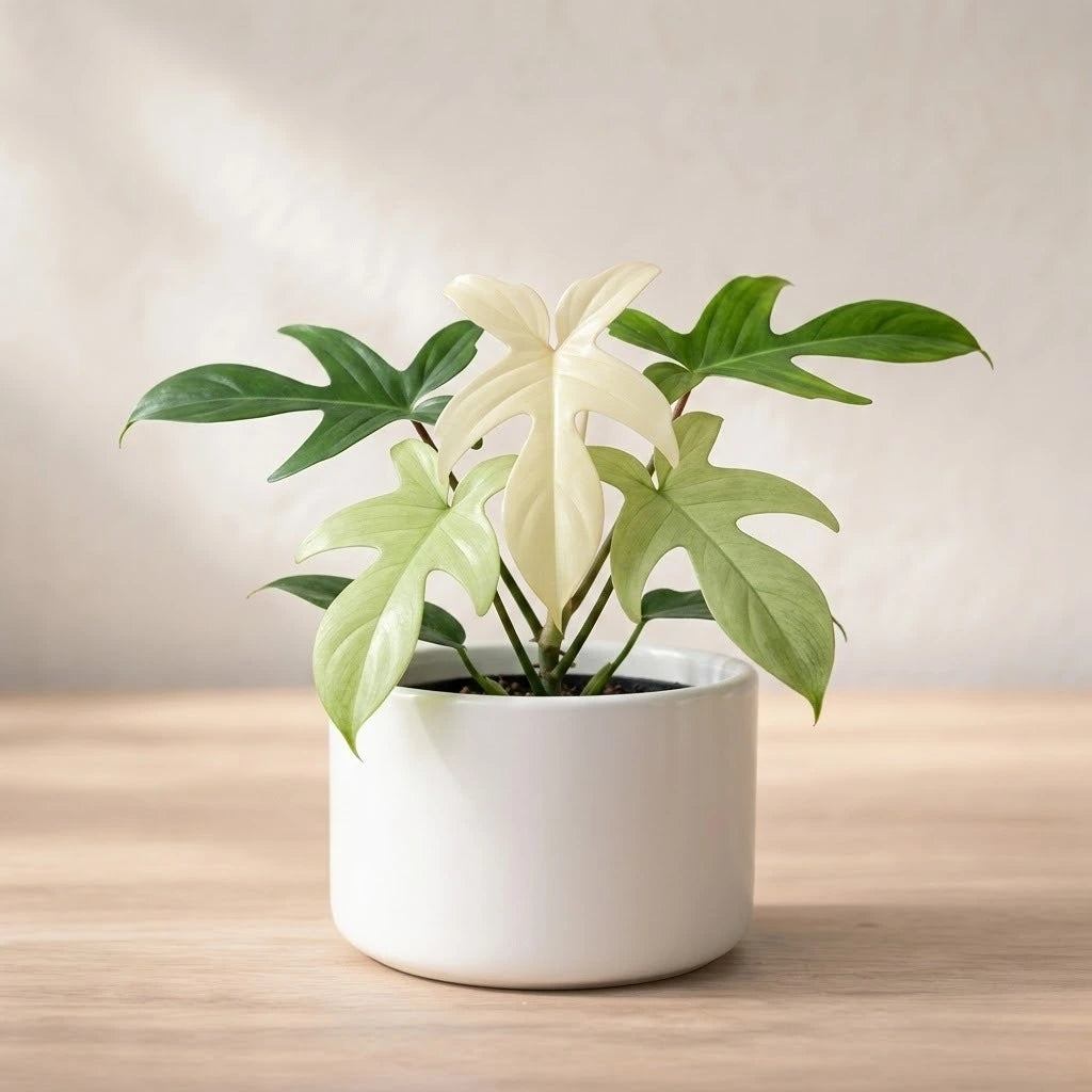 Philodendron Florida Ghost in a white cylindrical pot, displaying its distinctive multi-lobed leaves that transition from a pale, creamy white to a soft mint green.