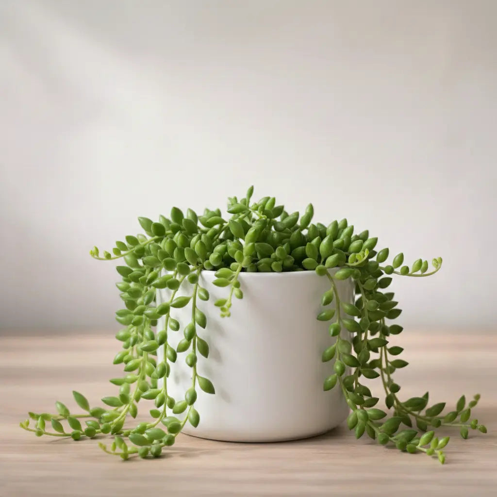 Potted succulent plant on a wooden surface with a plain background
