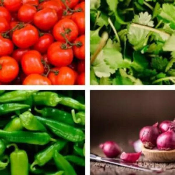 This is an image of collage of four vegetables making it a combo of Daily Essential Veggies Seeds Pack.