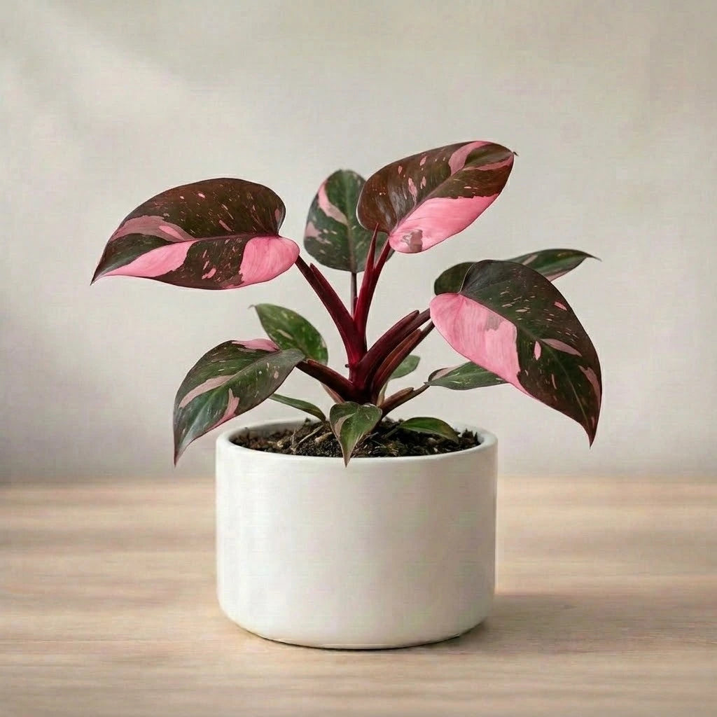 Potted plant with pink and green leaves on a wooden surface