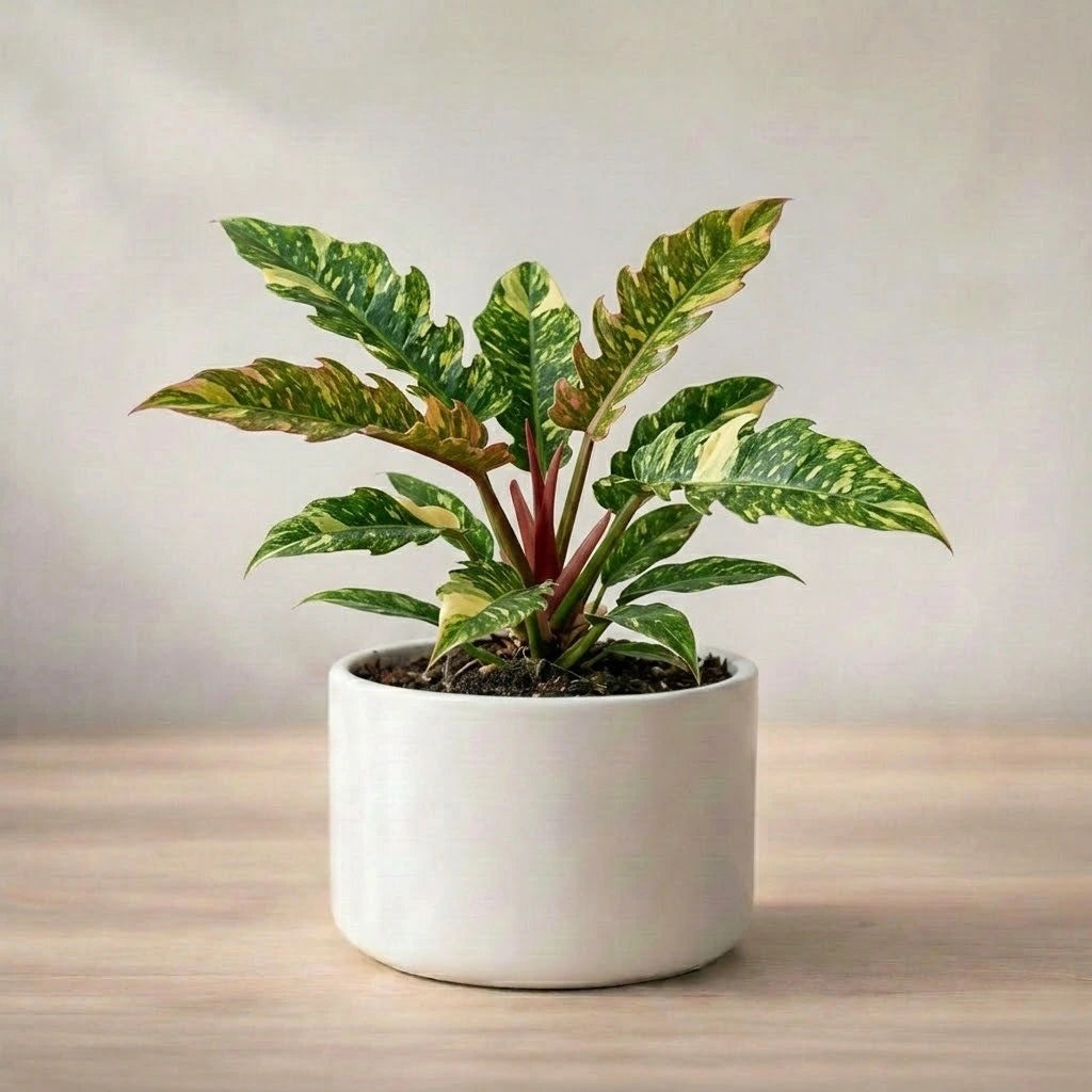 Potted plant with green and red leaves in a white pot on a wooden surface.