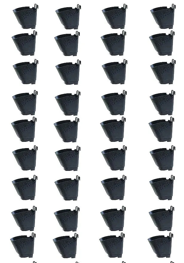 This is an image of multiple Vertical Wall Hanging Pots of black color kept against white color background.