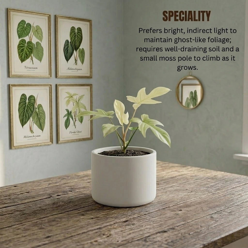 Philodendron Florida Ghost sapling in a white cylindrical pot, featuring pale "ghost-like" foliage, with specialized care instructions in the background.