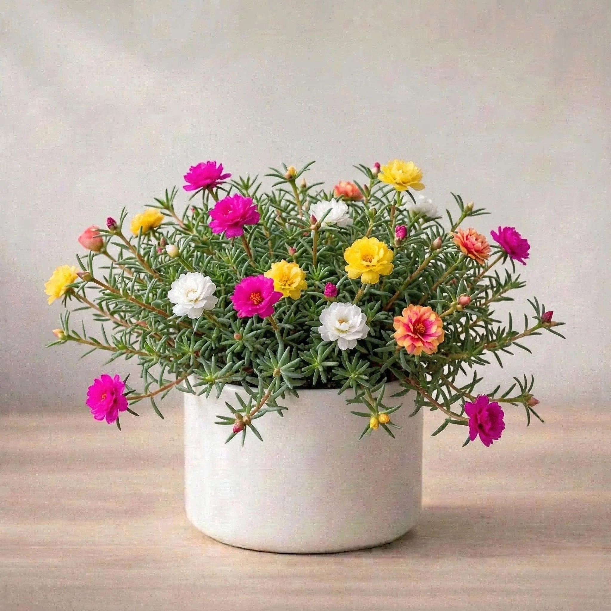 Potted plant on a wooden surface with a neutral background