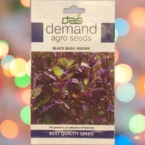 This is an image of a packet of Demand Agro Basil Black Indian Seeds kept against a colorful background.