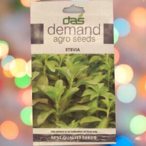 A blue white packet of Demand Agro Stevia Seeds kept against a colourful light background