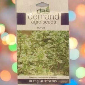 This is an image of a packet of Demand Agro Thyme Seeds kept against a colorful background.