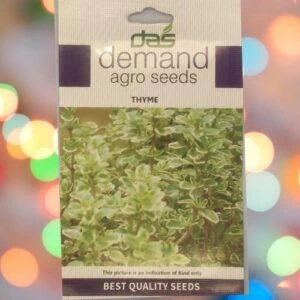 A packet of Demand Agro Thyme Seeds kept against a colorful background.