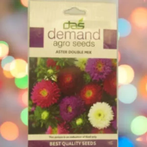 A packet of Demand Agro Aster Double Mix Seeds kept against a colorful background.