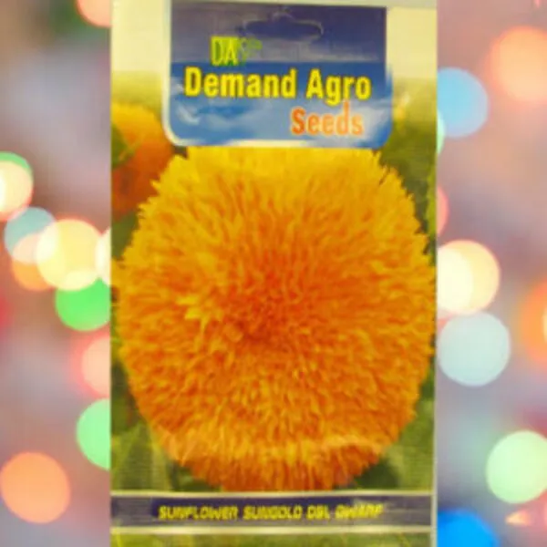 A packet of Demand Agro Sunflower Sungold kept against a colorful background.