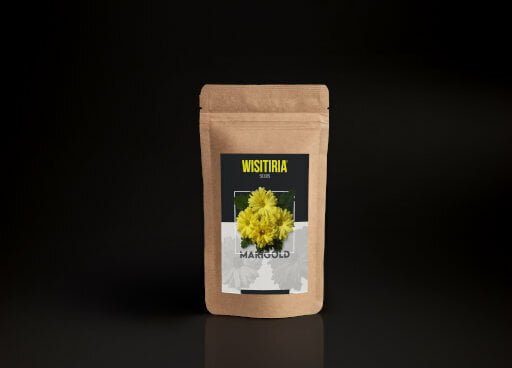 A packet of Wisitiria Marigold seeds kept against a light background.