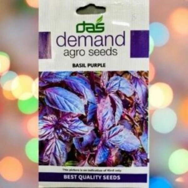 A packet of Demand Basil Purple Seeds kept against a colorful background.