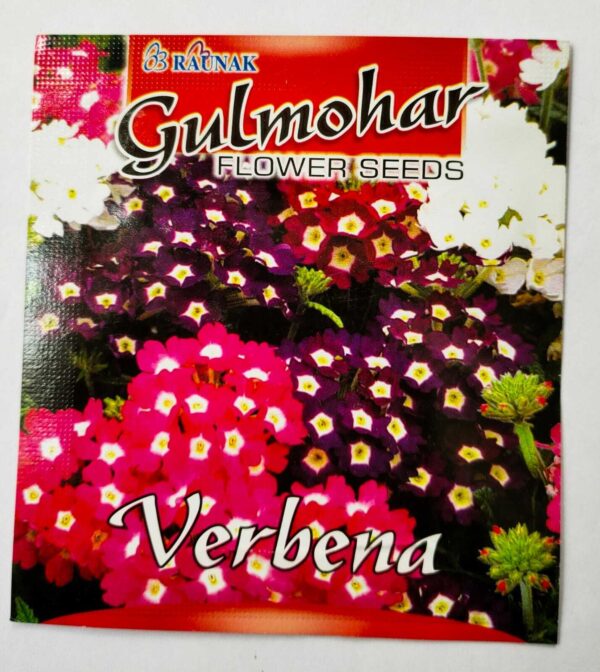 A packet of Raunak Seeds Gulmohar Verbena in a colorful background