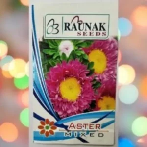 A packet of Raunak Seeds Aster Mixed Seeds kept against a colorful background.
