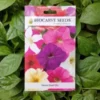 A packet of Biocarve Petunia Dwarf Mix Seeds kept against a green leafy background.