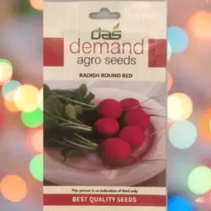 This is an image of a packet of Demand Agro Radish Round Red Seeds kept against a colourful light background.