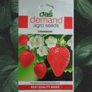 A packet of Demand Agro Strawberry Seeds kept against a green leafy background.