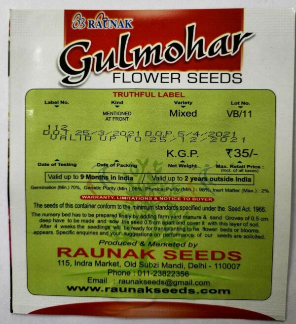 A packet of Raunak Seeds Gulmohar Verbena Seeds