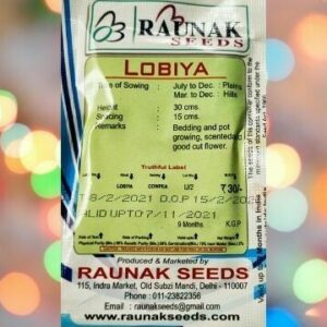 The backside of a packet of Raunak seeds Lobiya Cowpea seeds with details about the seeds kept against a colorful light background