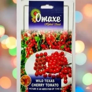 Packet of Omaxe Wild Texas Cherry Tomato Seeds against a colourful light background