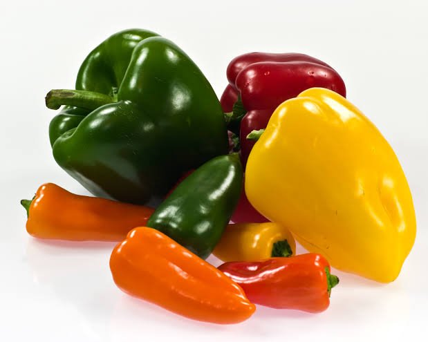 Colourful bell peppers kept together on a white background