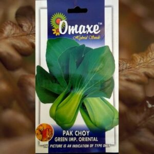 This is an image of a packet of Omaxe Pak Choy Green IMP Oriental Seeds kept against brown color background.