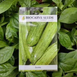 A packet of Biocarve Zucchini seeds kept against a green leafy background