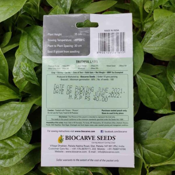 Backside picture of Biocarve Broccoli Seeds packet with leaves in background