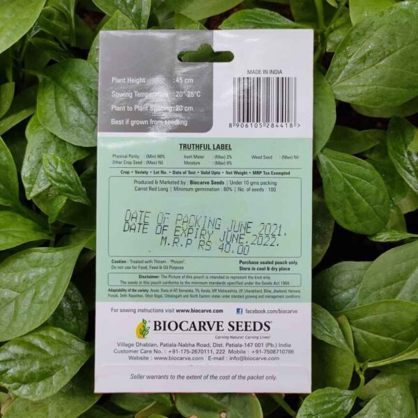 Backside picture of Biocarve Carrot Red Long Seeds packet with leaves in background