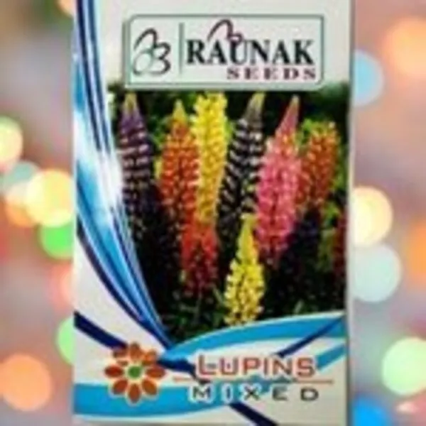 A packet of Raunak Seeds Lupins Mixed Seeds in a colorful background