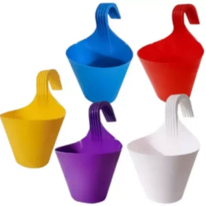 This is an image of five Railing Hook Flower Pots of different colors kept against white color background.