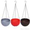This is an image of three Hanging Pots with Hook and Chain of different colors kept against white color background.