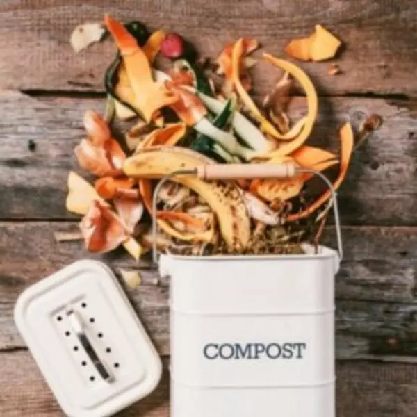 A white bucket of waste which acts as a compost accelerator kept against a wooden background.