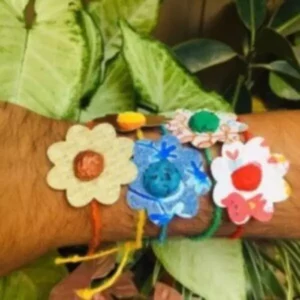 This is an image of multiple colorful Plantable Rakhi tied on a hand.