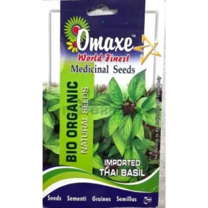 This is an image of a packet Omaxe Imported Thai Basil Seeds kept against white color background.