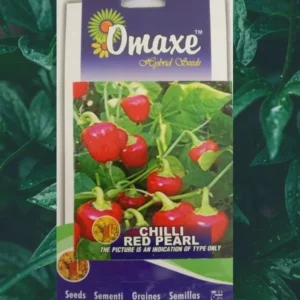 This is an image of a packet of Omaxe Chilli Red Pearl Seeds kept against greenery background.