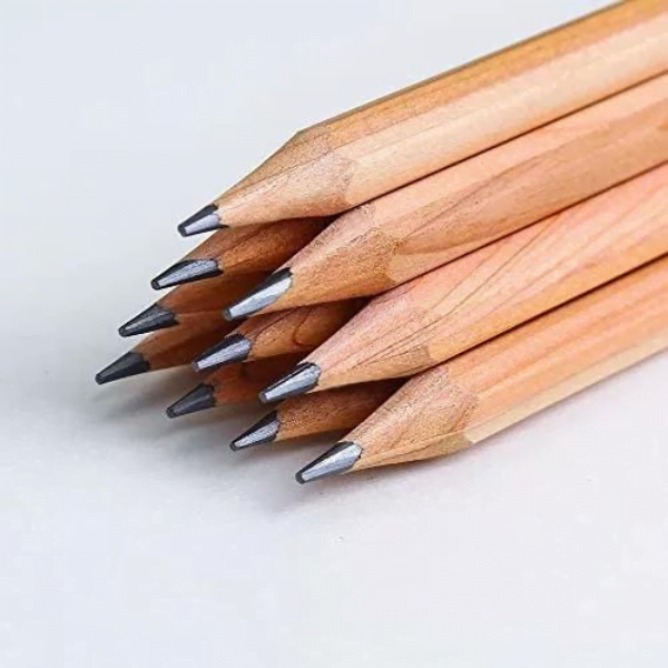 This is an image of multiple wood pencils kept one above the other against white color background.