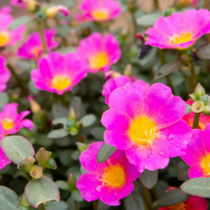 This is an image of multiple pink color Portulaca plant flowers along with green leaves.