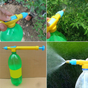 This is an image of collage of four images of Yellow Spray Gun spraying water on plants.