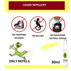 This is an image of Lizard Repellent Spray poster which has some information about the spray printed on it.